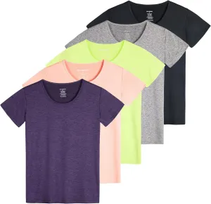 Real Essentials 5 Pack: Women's Dry Fit Tech Stretch Short-Sleeve Crew Neck Athletic T-Shirt (Available in Plus Size)