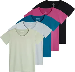 Real Essentials 5 Pack: Women's Dry Fit Tech Stretch Short-Sleeve Crew Neck Athletic T-Shirt (Available in Plus Size)