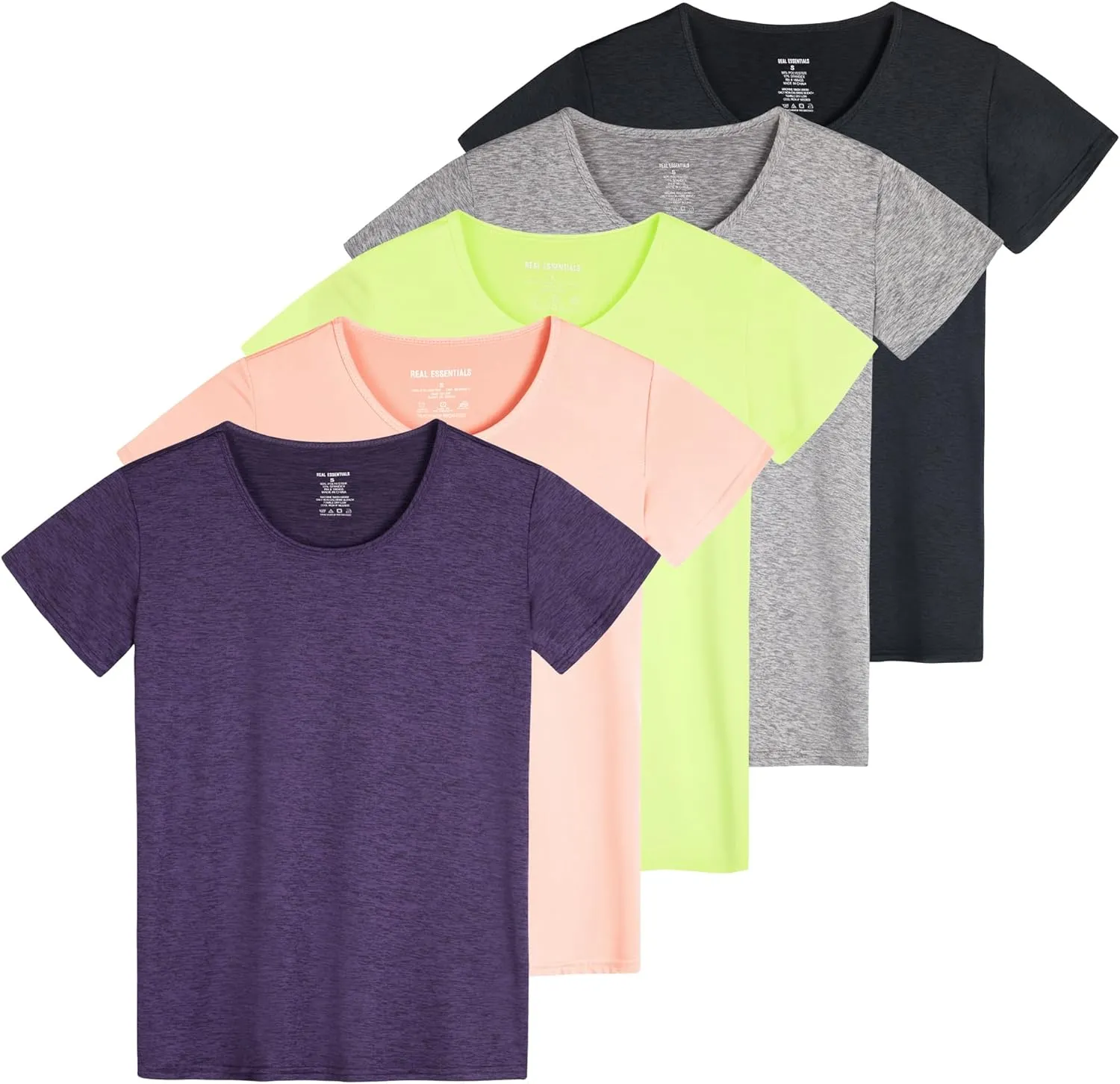 Real Essentials 5 Pack: Women's Dry Fit Tech Stretch Short-Sleeve Crew Neck Athletic T-Shirt (Available in Plus Size)