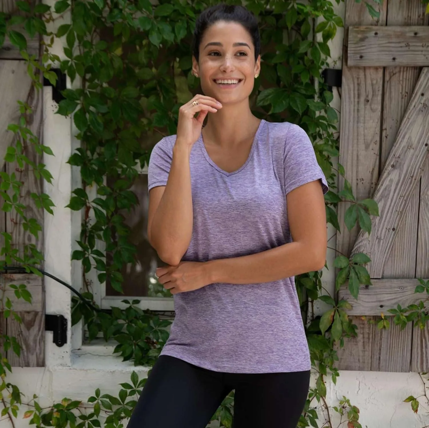 Real Essentials 5 Pack: Women's Short Sleeve V-Neck Activewear T-Shirt Dry-Fit Wicking Yoga Top (Available in Plus)