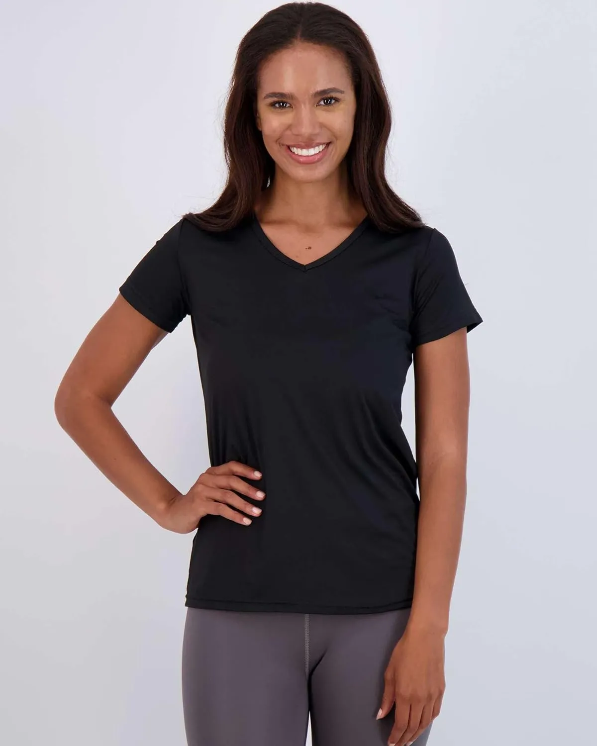 Real Essentials 5 Pack: Women's Short Sleeve V-Neck Activewear T-Shirt Dry-Fit Wicking Yoga Top (Available in Plus)