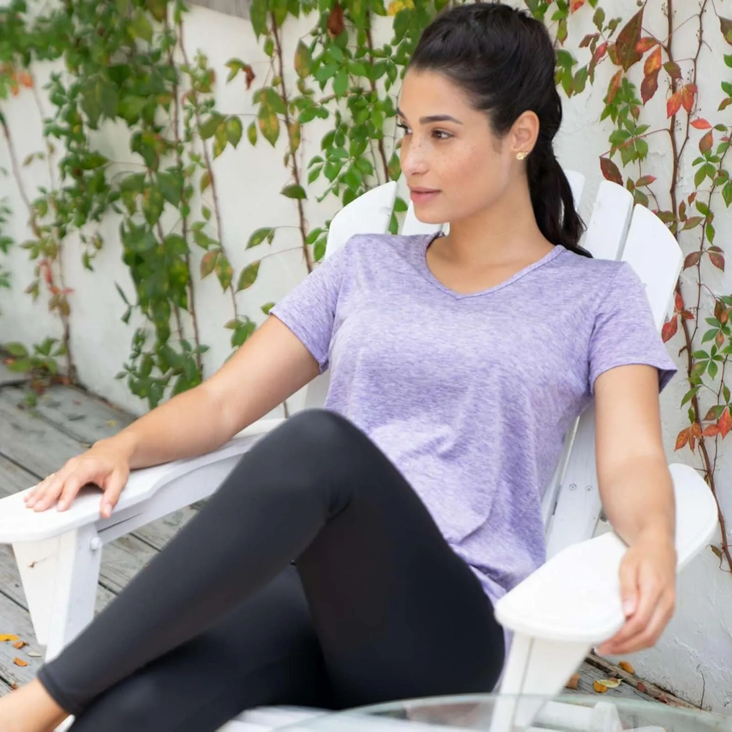 Real Essentials 5 Pack: Women's Short Sleeve V-Neck Activewear T-Shirt Dry-Fit Wicking Yoga Top (Available in Plus)