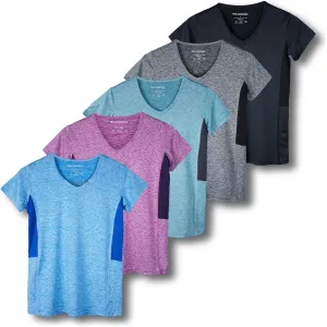 Real Essentials 5 Pack: Women's Short Sleeve V-Neck Activewear T-Shirt Dry-Fit Wicking Yoga Top (Available in Plus)