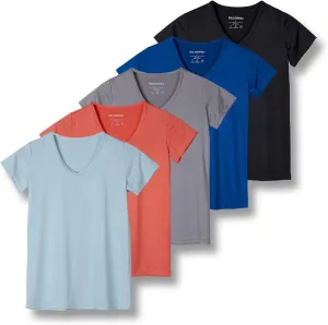 Real Essentials 5 Pack: Women's Short Sleeve V-Neck Activewear T-Shirt Dry-Fit Wicking Yoga Top (Available in Plus)