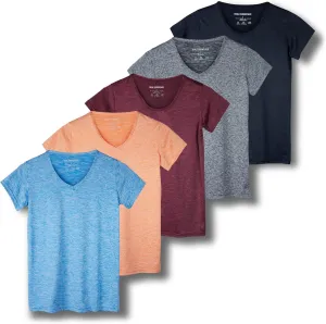 Real Essentials 5 Pack: Women's Short Sleeve V-Neck Activewear T-Shirt Dry-Fit Wicking Yoga Top (Available in Plus)