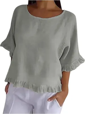 Round Neck Ruffled Hem Mid Sleeve and Linen Top Casual Ruffle Solid Short Sleeve Blouse Tops for Long Women T