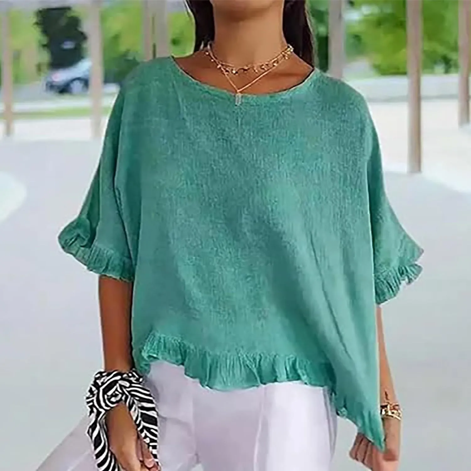 Round Neck Ruffled Hem Mid Sleeve and Linen Top Casual Ruffle Solid Short Sleeve Blouse Tops for Long Women T