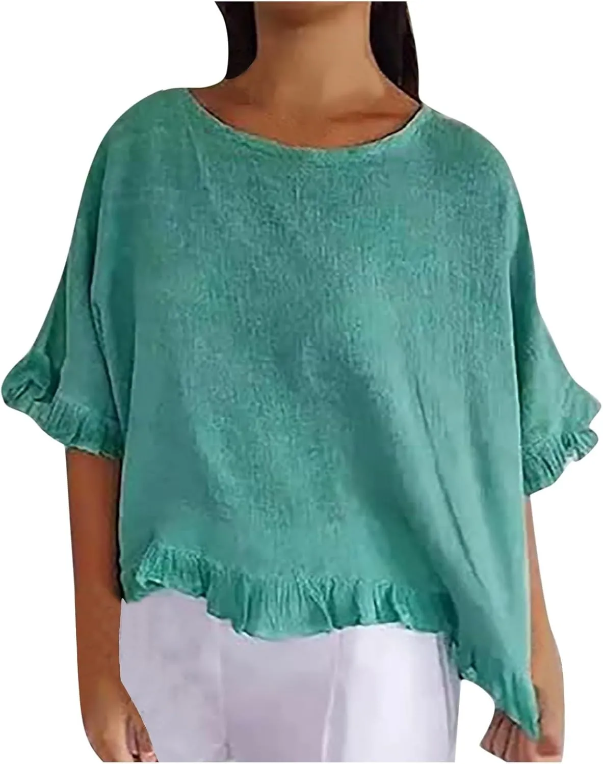 Round Neck Ruffled Hem Mid Sleeve and Linen Top Casual Ruffle Solid Short Sleeve Blouse Tops for Long Women T