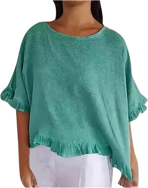 Round Neck Ruffled Hem Mid Sleeve and Linen Top Casual Ruffle Solid Short Sleeve Blouse Tops for Long Women T