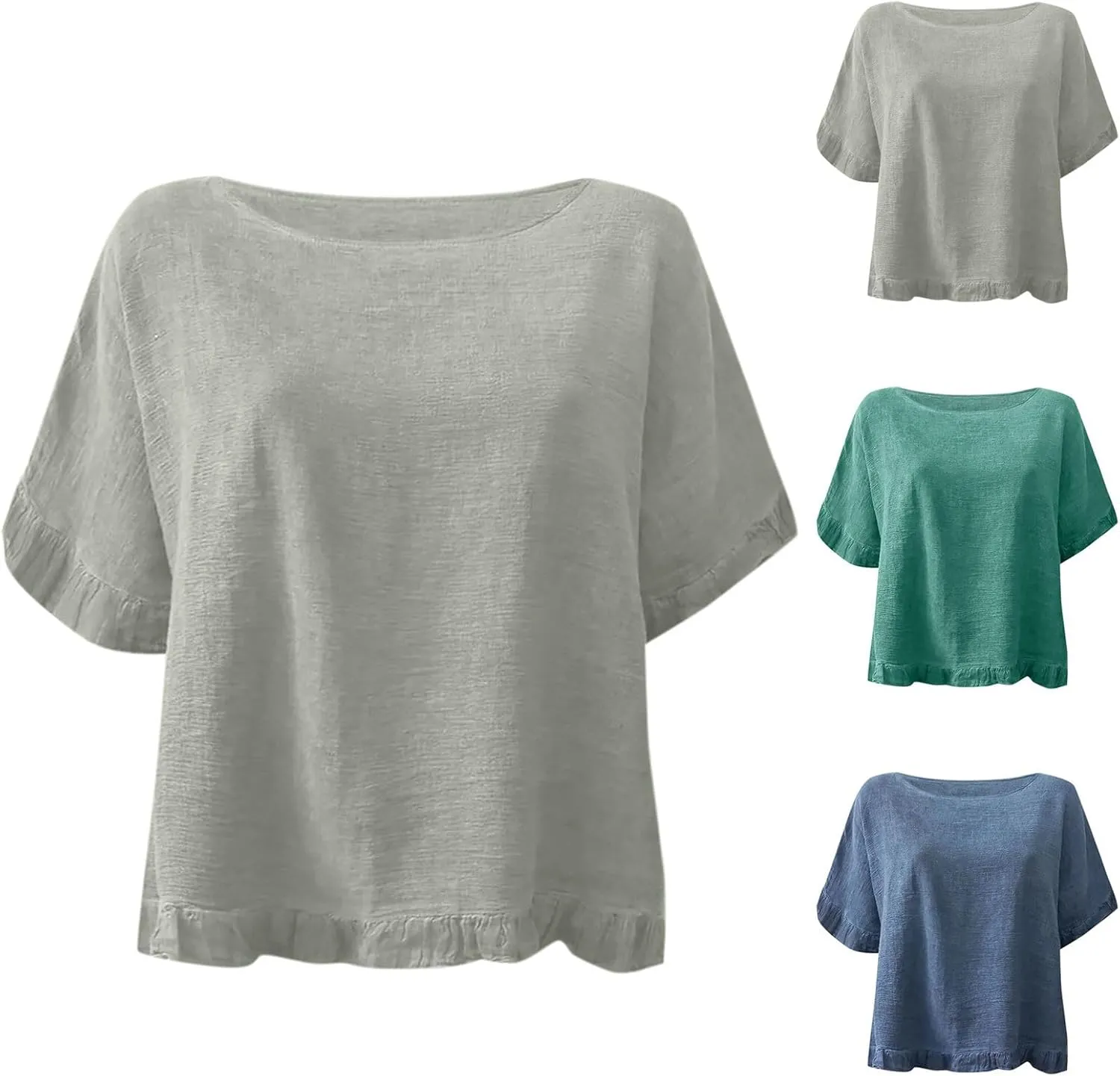 Round Neck Ruffled Hem Mid Sleeve and Linen Top Casual Ruffle Solid Short Sleeve Blouse Tops for Long Women T