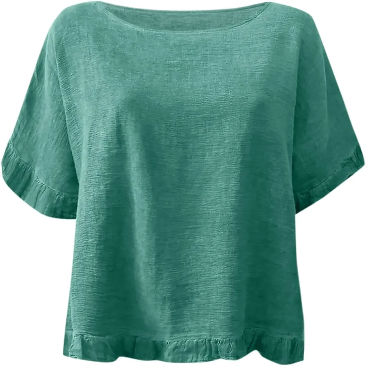 Round Neck Ruffled Hem Mid Sleeve and Linen Top Casual Ruffle Solid Short Sleeve Blouse Tops for Long Women T