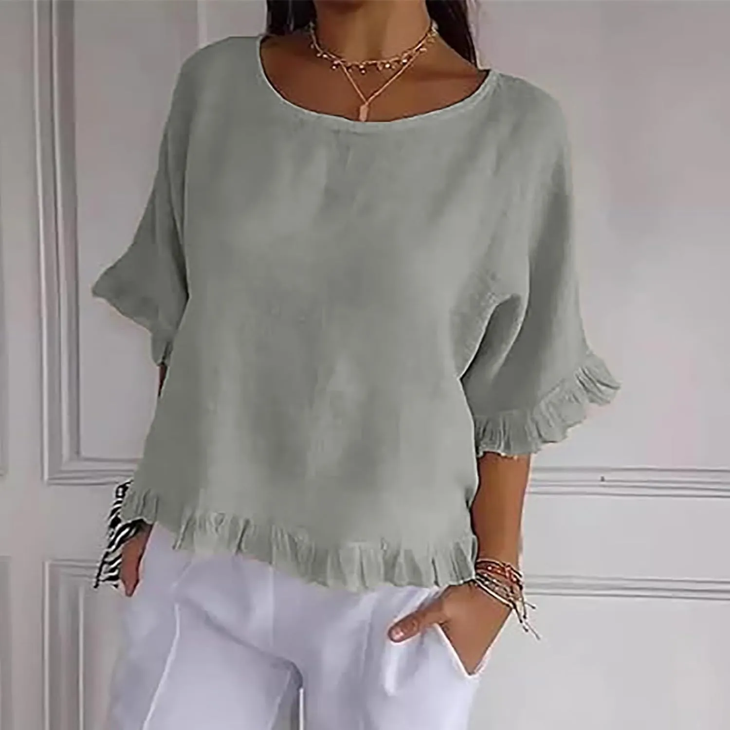 Round Neck Ruffled Hem Mid Sleeve and Linen Top Casual Ruffle Solid Short Sleeve Blouse Tops for Long Women T