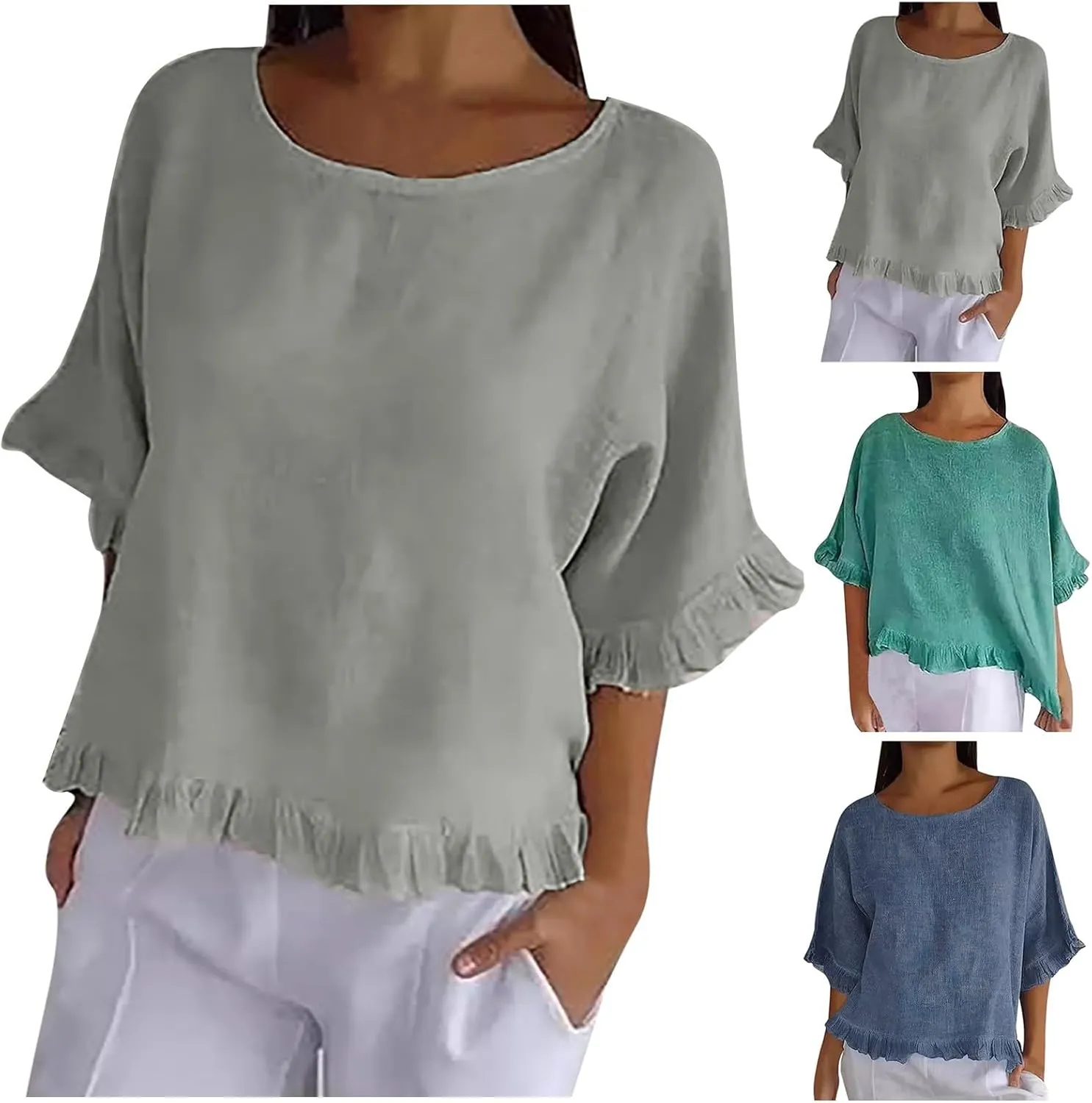 Round Neck Ruffled Hem Mid Sleeve and Linen Top Casual Ruffle Solid Short Sleeve Blouse Tops for Long Women T