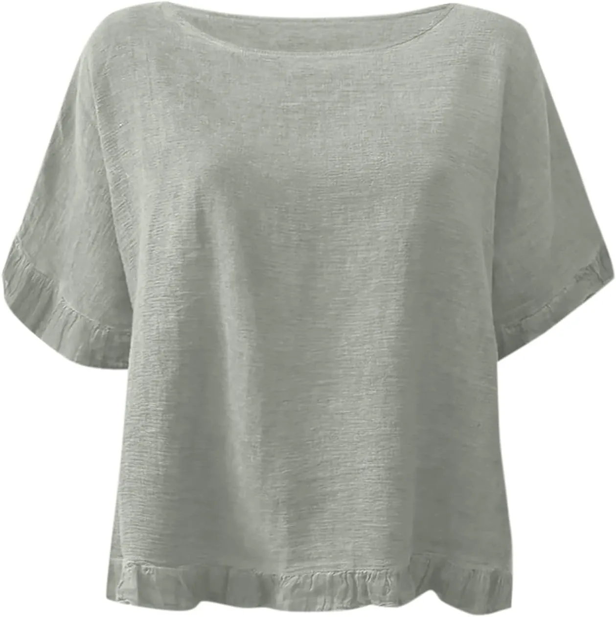 Round Neck Ruffled Hem Mid Sleeve and Linen Top Casual Ruffle Solid Short Sleeve Blouse Tops for Long Women T
