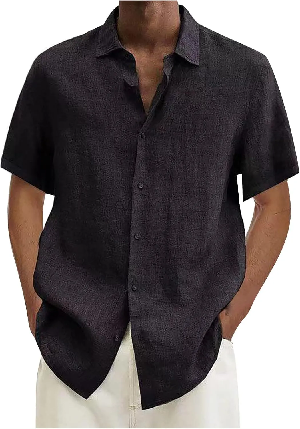RTRDE Men's Short Sleeve Button Down Shirts Summer Casual Cotton Linen Solid Color Short Shirts Loose for Men, S-3XL