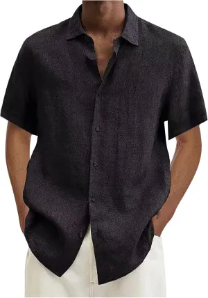 RTRDE Men's Short Sleeve Button Down Shirts Summer Casual Cotton Linen Solid Color Short Shirts Loose for Men, S-3XL