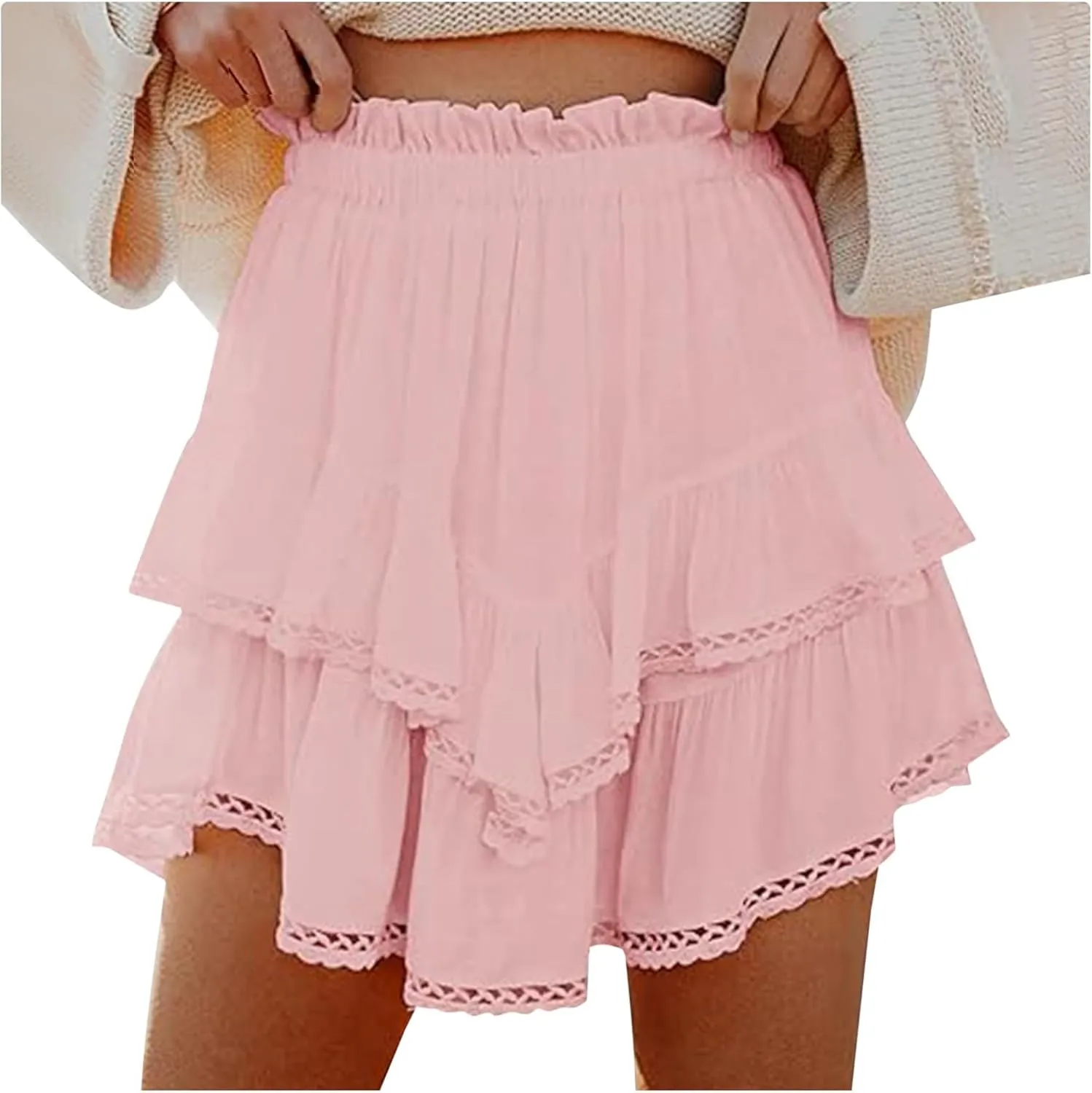 Ruffle Skorts for Women Boho Tiered Flowy Short Skirt, Stretchy Lined Layered Pleated Casual Beach Short Skirt