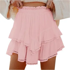 Ruffle Skorts for Women Boho Tiered Flowy Short Skirt, Stretchy Lined Layered Pleated Casual Beach Short Skirt