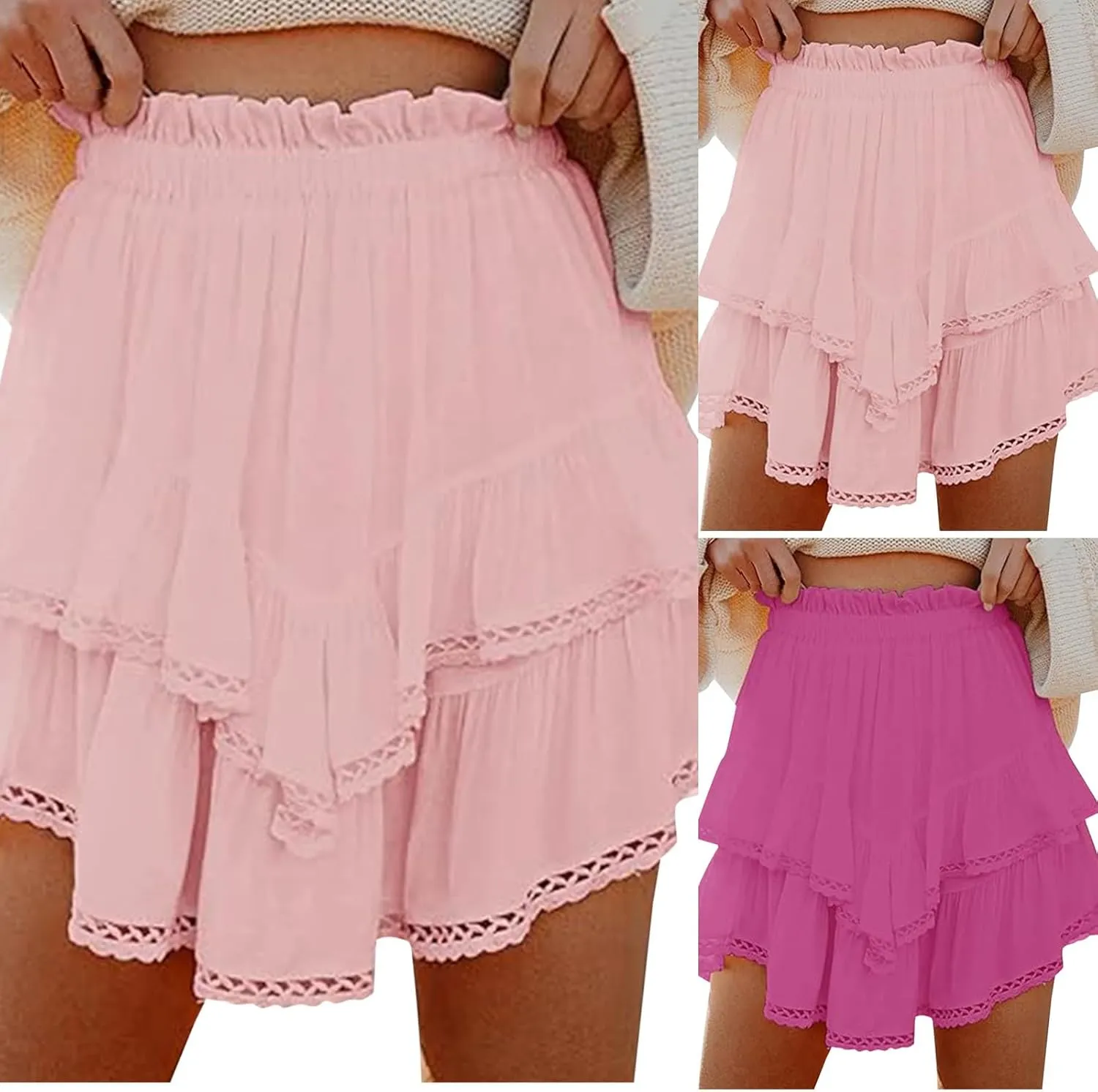 Ruffle Skorts for Women Boho Tiered Flowy Short Skirt, Stretchy Lined Layered Pleated Casual Beach Short Skirt