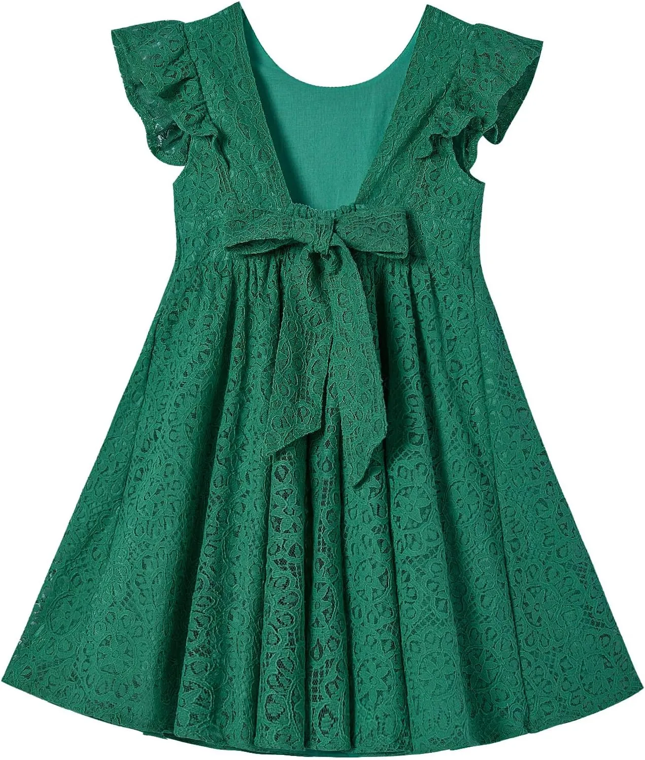 Rysly Toddler Girls Backless Flutter Sleeve Lace Party Dress Elastic Waist Bow Kid Casual Dresses