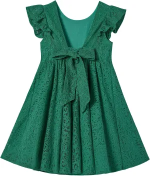Rysly Toddler Girls Backless Flutter Sleeve Lace Party Dress Elastic Waist Bow Kid Casual Dresses