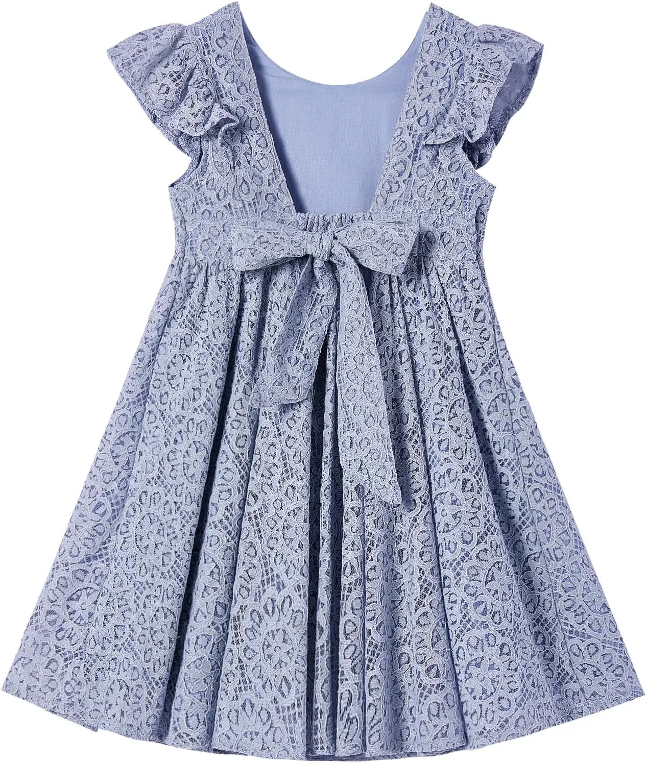 Rysly Toddler Girls Backless Flutter Sleeve Lace Party Dress Elastic Waist Bow Kid Casual Dresses