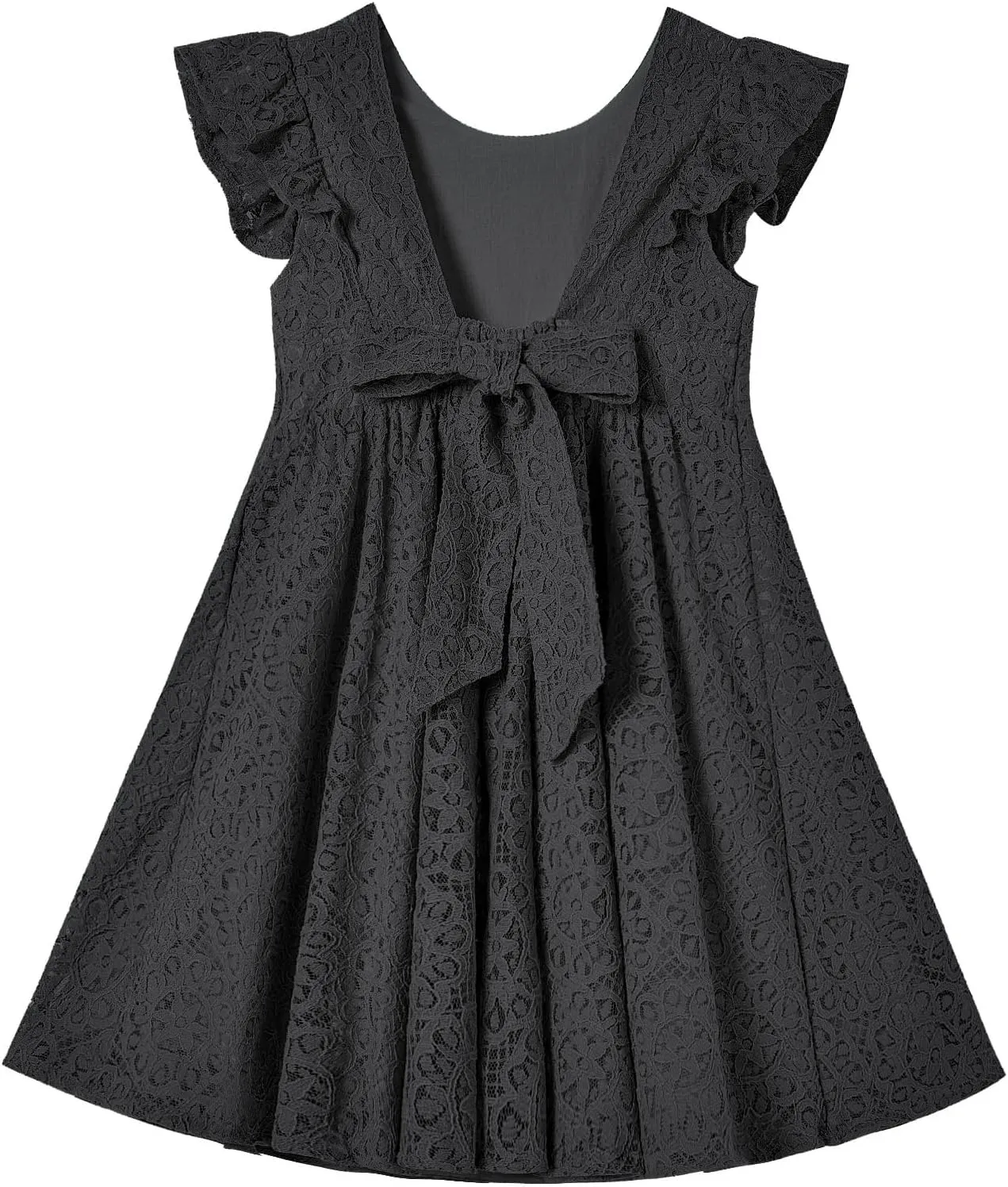 Rysly Toddler Girls Backless Flutter Sleeve Lace Party Dress Elastic Waist Bow Kid Casual Dresses