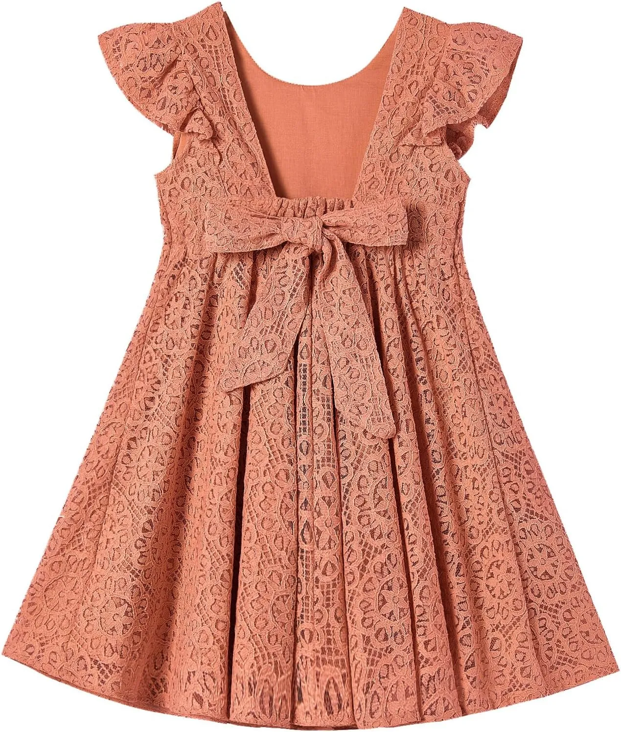 Rysly Toddler Girls Backless Flutter Sleeve Lace Party Dress Elastic Waist Bow Kid Casual Dresses