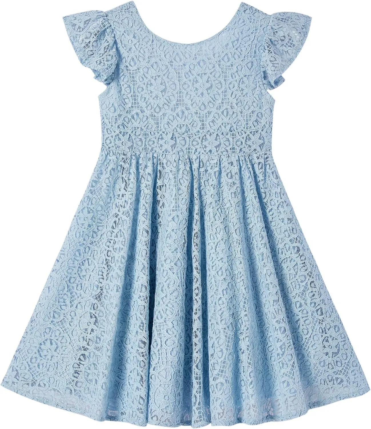 Rysly Toddler Girls Backless Flutter Sleeve Lace Party Dress Elastic Waist Bow Kid Casual Dresses