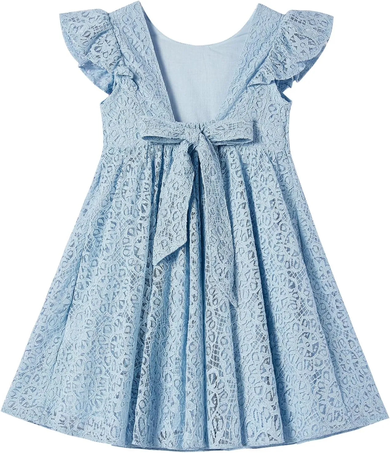 Rysly Toddler Girls Backless Flutter Sleeve Lace Party Dress Elastic Waist Bow Kid Casual Dresses