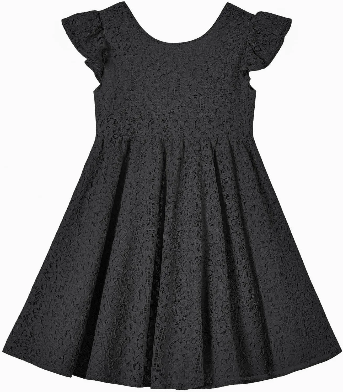 Rysly Toddler Girls Backless Flutter Sleeve Lace Party Dress Elastic Waist Bow Kid Casual Dresses