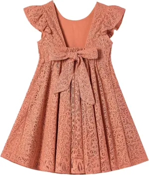 Rysly Toddler Girls Backless Flutter Sleeve Lace Party Dress Elastic Waist Bow Kid Casual Dresses