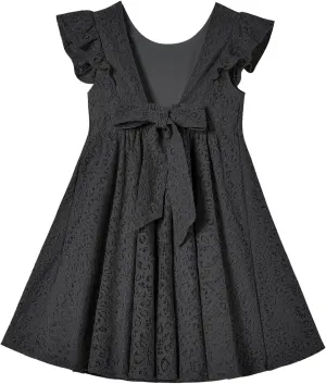 Rysly Toddler Girls Backless Flutter Sleeve Lace Party Dress Elastic Waist Bow Kid Casual Dresses