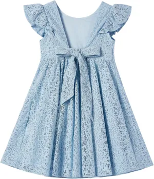 Rysly Toddler Girls Backless Flutter Sleeve Lace Party Dress Elastic Waist Bow Kid Casual Dresses