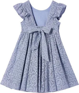 Rysly Toddler Girls Backless Flutter Sleeve Lace Party Dress Elastic Waist Bow Kid Casual Dresses
