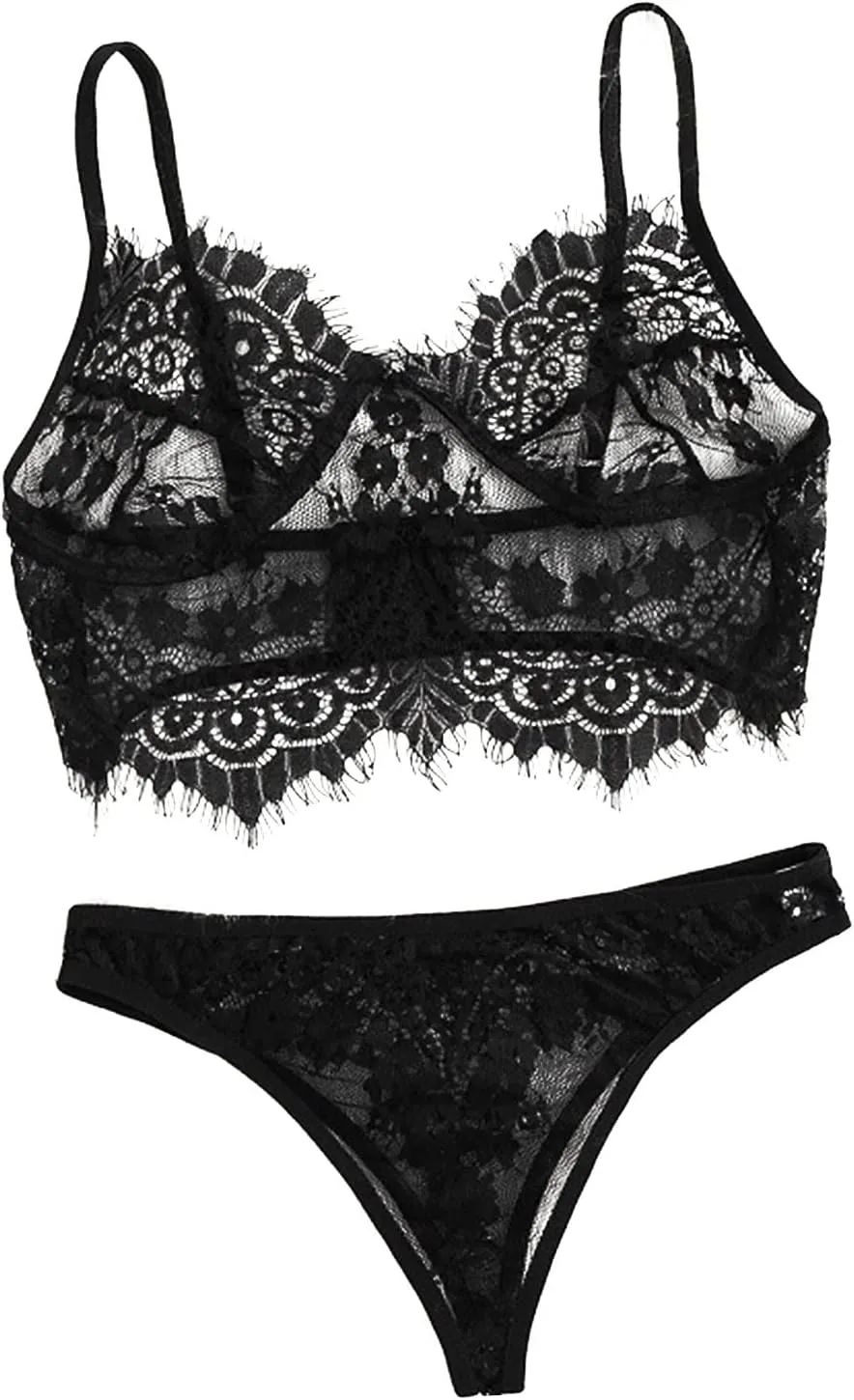 Sexy Eyelash Floral Lace Sheer Lingerie Set for Women See Through Bra and Panty Set 2 Piece Mesh Bralette and Thong Black