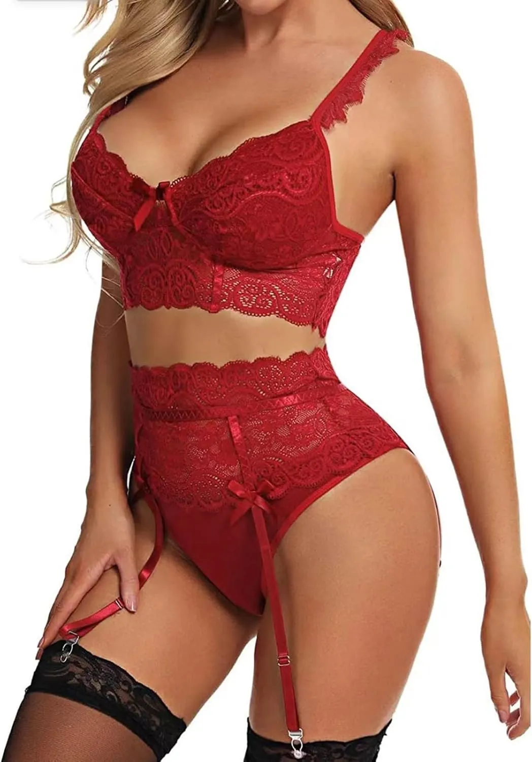 Sexy Lingerie for Women Stretchy Lace Bra and Panty Set Floral Bralette High Waist Sleepwear with Garter Belt Exotic Boudoir