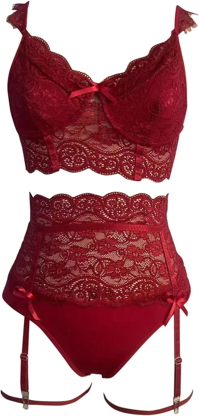 Sexy Lingerie for Women Stretchy Lace Bra and Panty Set Floral Bralette High Waist Sleepwear with Garter Belt Exotic Boudoir