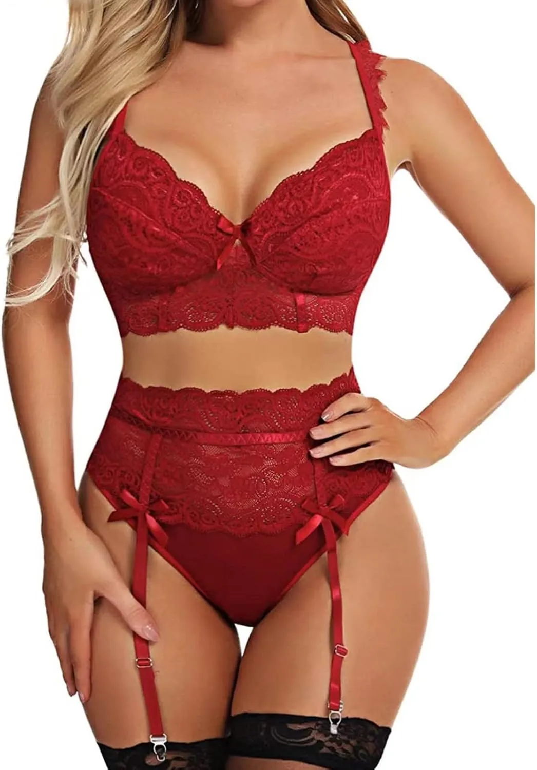 Sexy Lingerie for Women Stretchy Lace Bra and Panty Set Floral Bralette High Waist Sleepwear with Garter Belt Exotic Boudoir