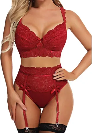 Sexy Lingerie for Women Stretchy Lace Bra and Panty Set Floral Bralette High Waist Sleepwear with Garter Belt Exotic Boudoir
