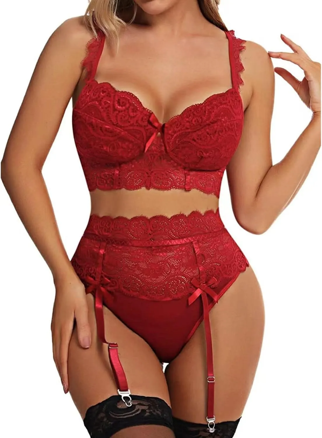 Sexy Lingerie for Women Stretchy Lace Bra and Panty Set Floral Bralette High Waist Sleepwear with Garter Belt Exotic Boudoir