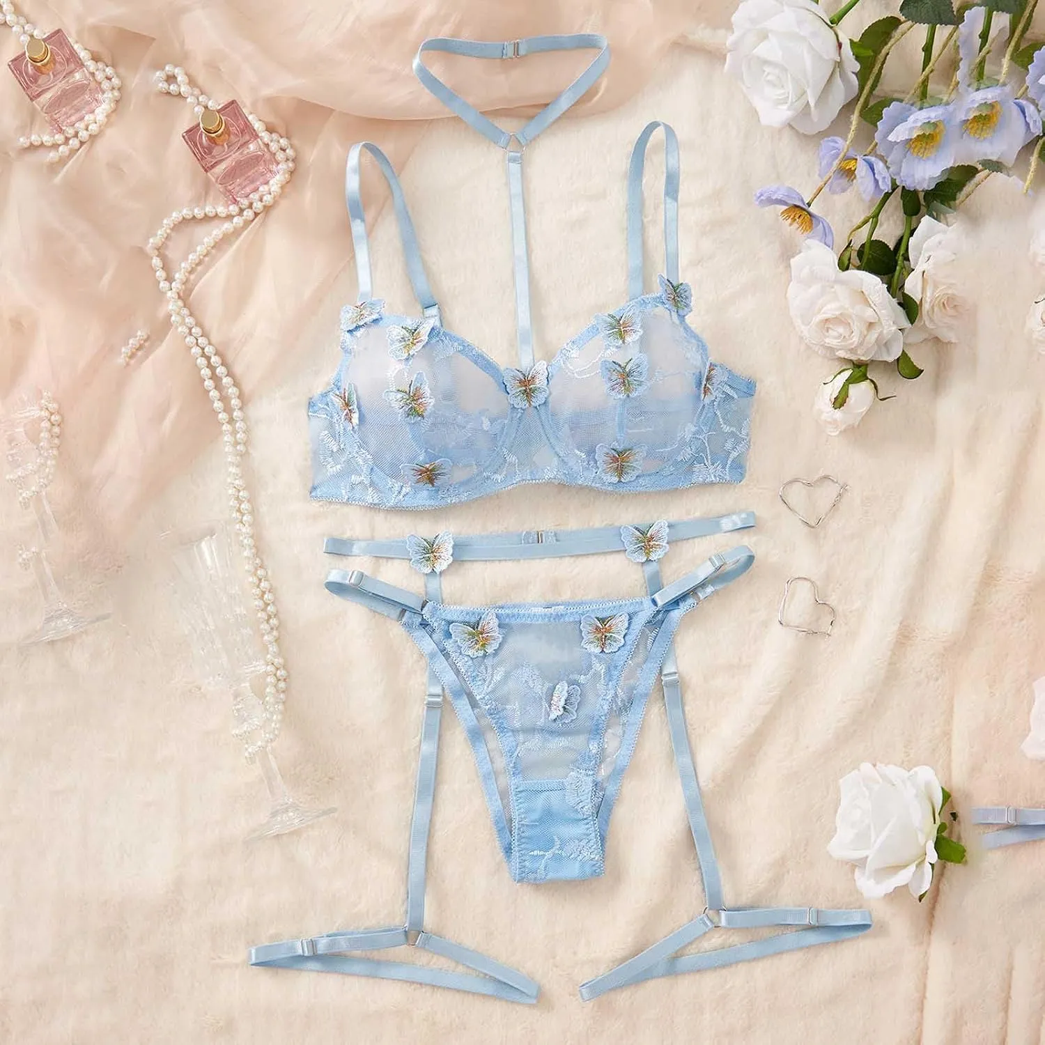 Sexy Lingerie Garter Set for Women Lace Bra and Panty Sets See Through Lingerie 2 Piece Sheer Bralette Set
