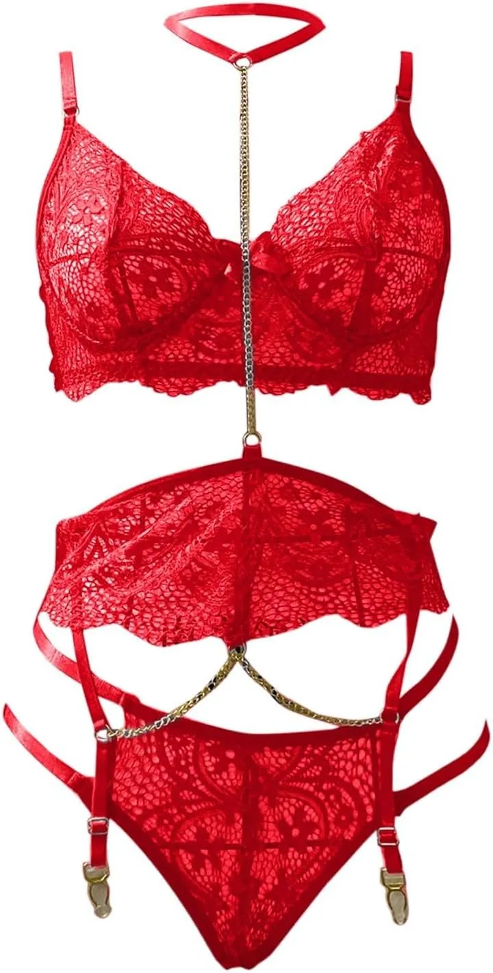 Sexy Lingerie Set for Women Lace Choker Bra and Panty Set with Garter Belt Stockings Naughty Night Club Rave Outfits