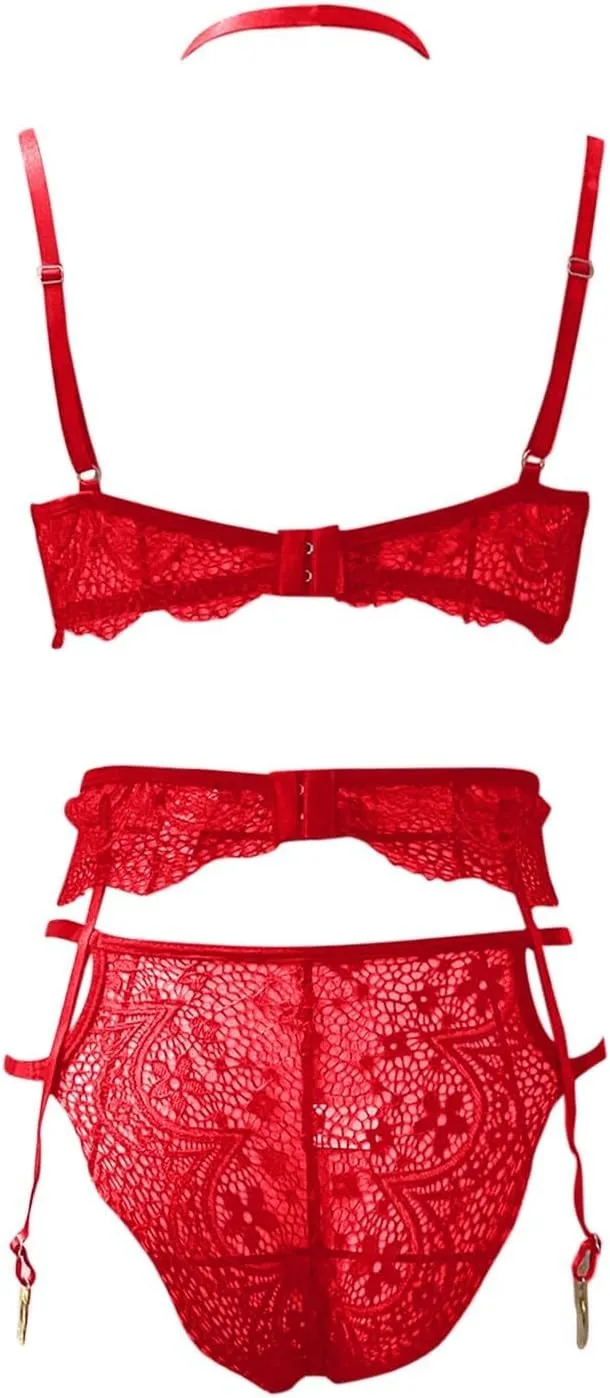 Sexy Lingerie Set for Women Lace Choker Bra and Panty Set with Garter Belt Stockings Naughty Night Club Rave Outfits