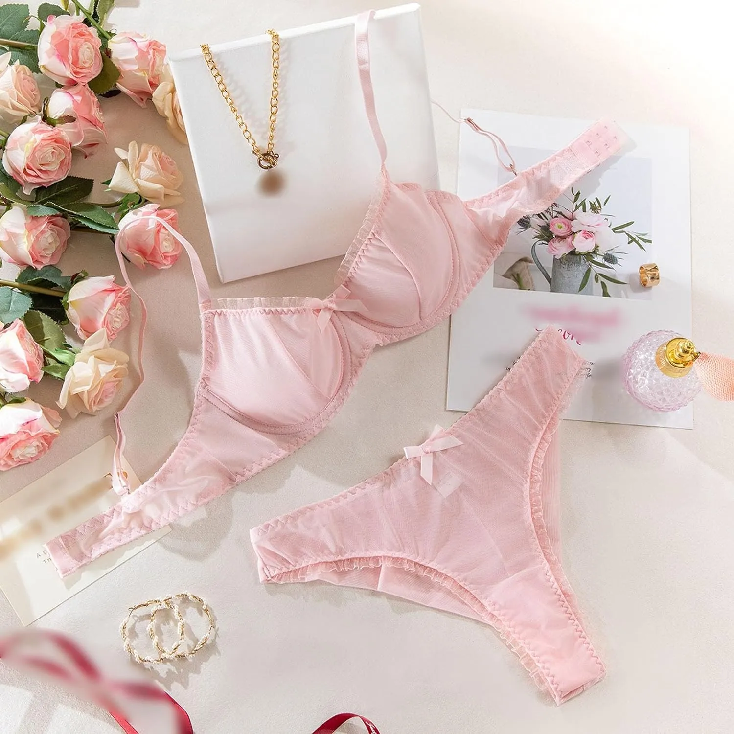 Sexy Lingerie Set Mesh Bra and Panty Matching Underwear for Women Comfortable Sheer Lace Bralette Thong Two Piece