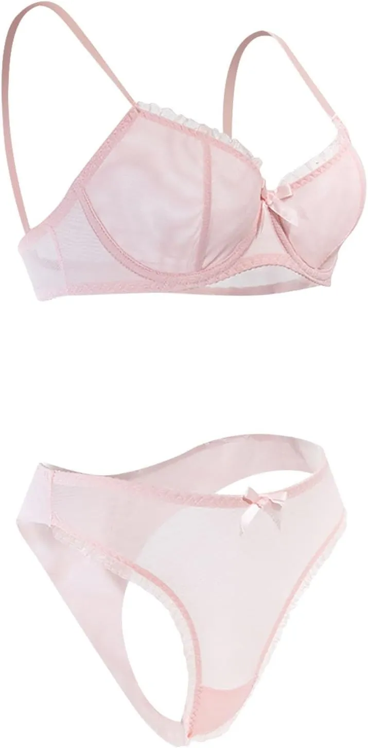 Sexy Lingerie Set Mesh Bra and Panty Matching Underwear for Women Comfortable Sheer Lace Bralette Thong Two Piece