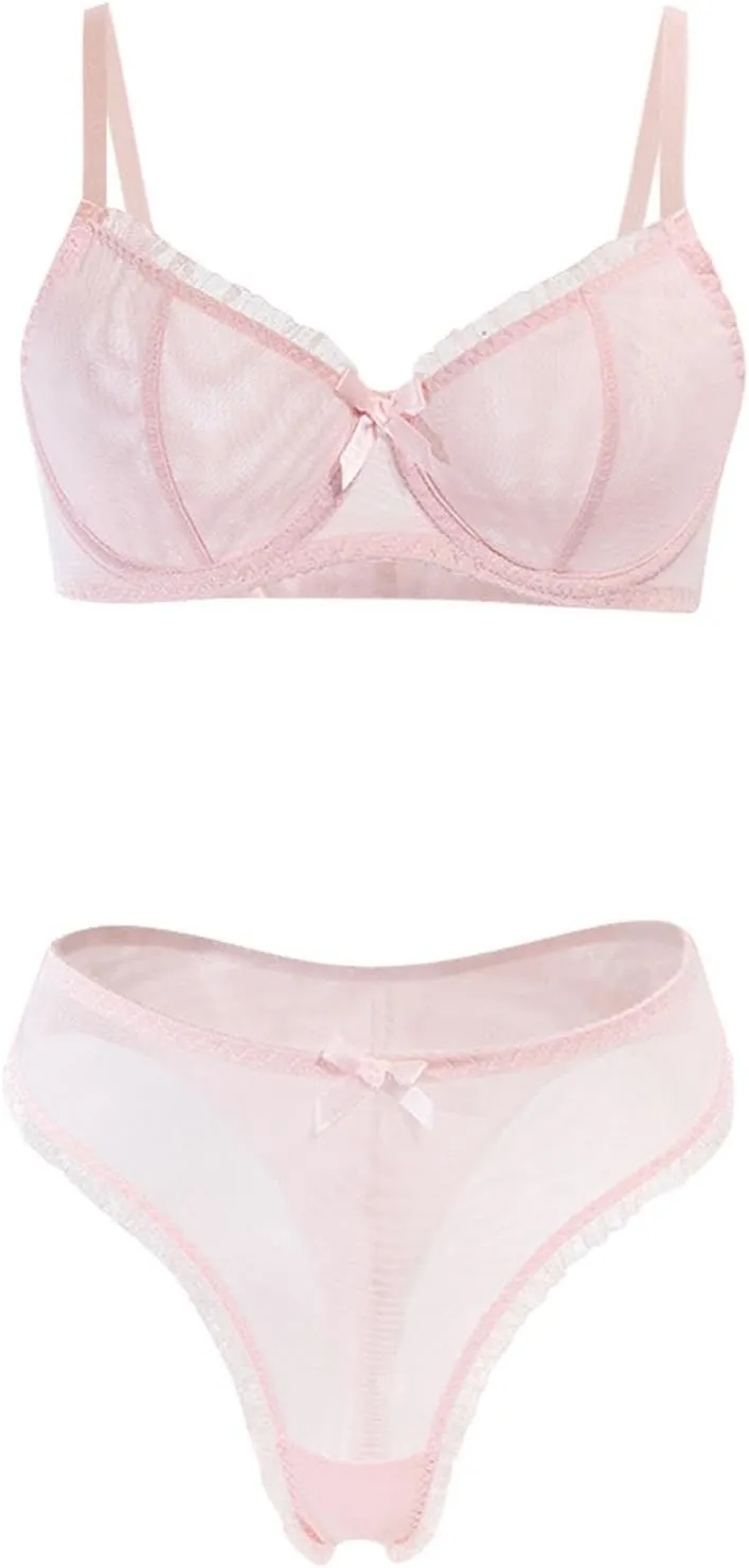 Sexy Lingerie Set Mesh Bra and Panty Matching Underwear for Women Comfortable Sheer Lace Bralette Thong Two Piece