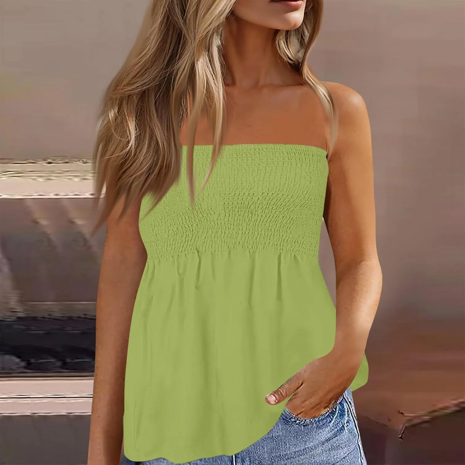 Sexy Tank Tops for Women Summer Strapless Tube Top Flare Hem Bandeau Backless Funny Shirts Holiday Sleeveless Blouse