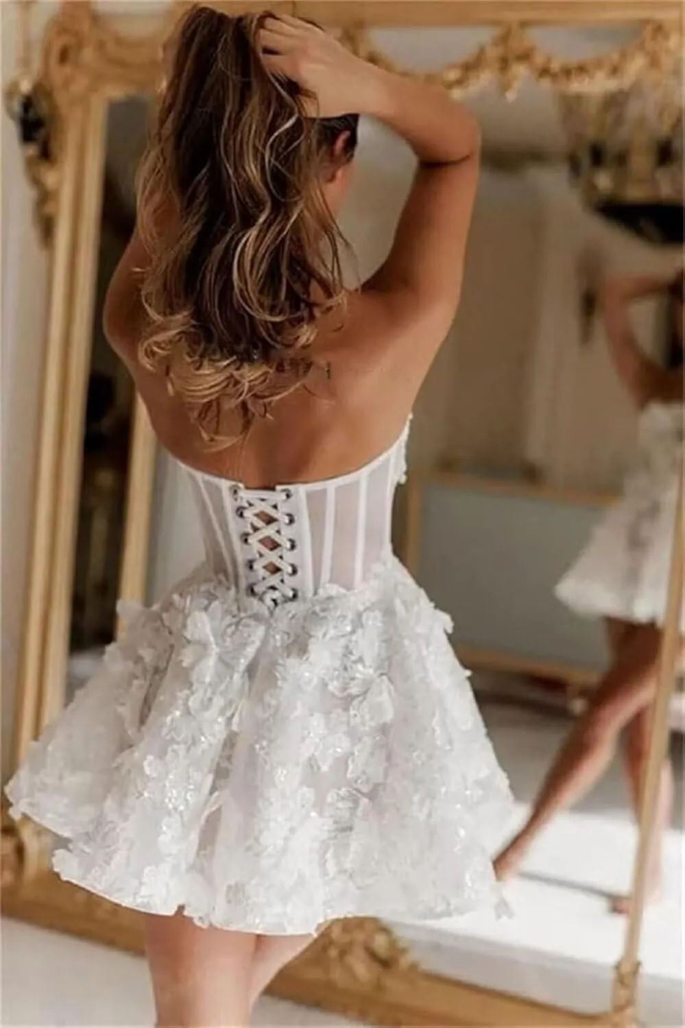 SHANDUAO Lace Short Wedding Dresses for Bride Strapless Lace Bridal Evening Party Gown