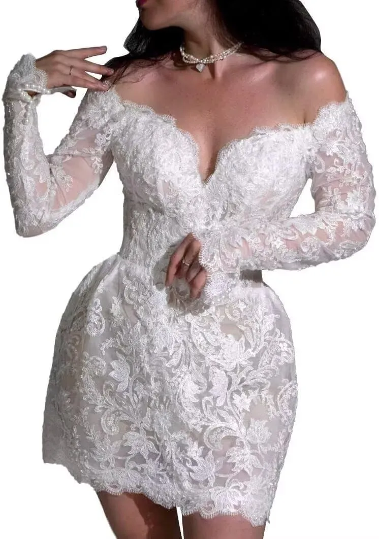 SHANDUAO Lace Short Wedding Dresses for Bride Strapless Lace Bridal Evening Party Gown